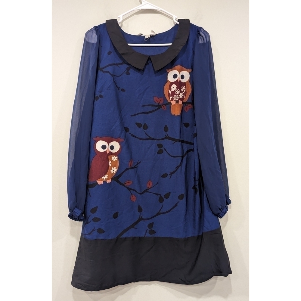 Yumi Kim Owl Print Sheer Long Sleeve Peter Pan Collar Dress Size 8